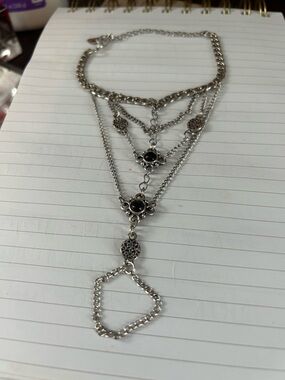 Free People Silver-Tone layered Hand Chain  with Black Stone Accents